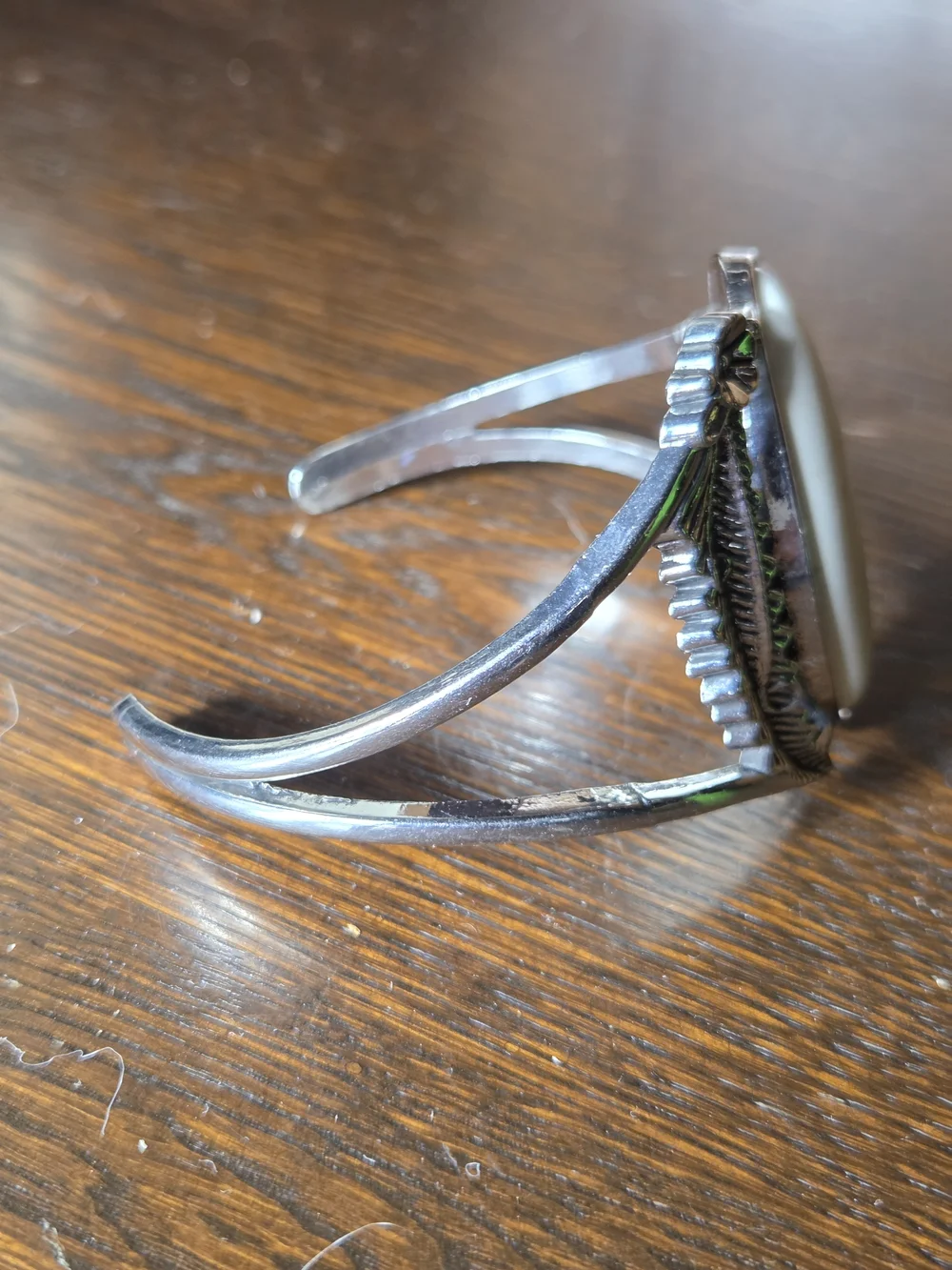 White Stone Feather Cuff Bracelet in Sterling-Tone